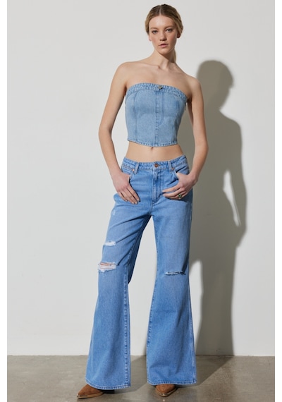 Wrangler Regular Fit Normal Kesim Askılı Açık Mavi Jean Crop Bluz