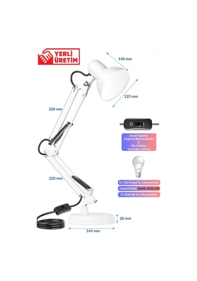 Beyaz Akrobat Masa Lambası Yaylı Metal 360 Derece Hareketli Ayarlanabilir Çalışma Masası Lambası Ofis Çizim Mimari Tasarım Okuma Lambası Mengeneli Masaüstü Gece Lambası E27 Duy Ev Ofis Aydınlatma Beyaz Beyaz