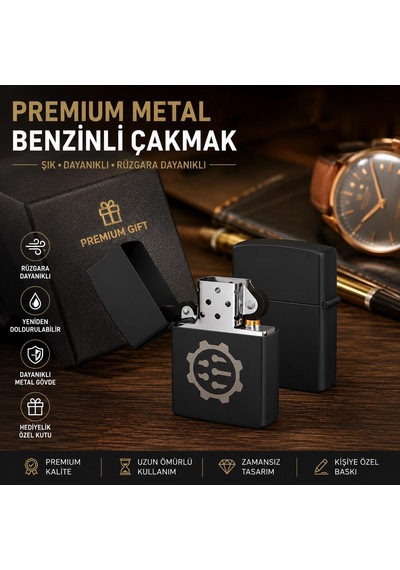 Sevgiliye Hediye Mühendislere Özel Tasarım Çark Temalı Siyah Metal Benzinli Çakmak Dolu Gönderim