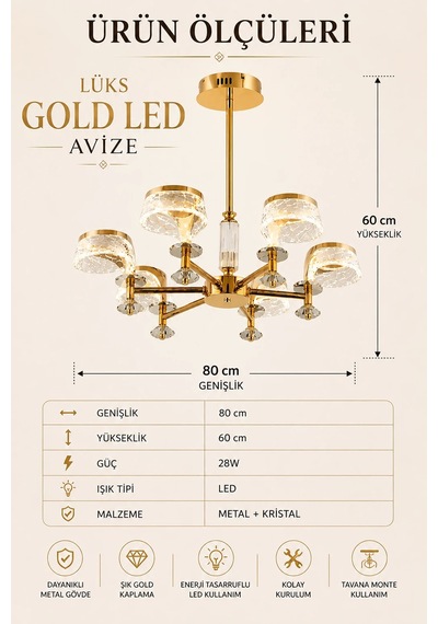 6'lı Modern Premium Gold 3 Renkli Ledli Sarkıt Avizesi Salon Mutfak Oturma Odası Şık Modelleri 28w