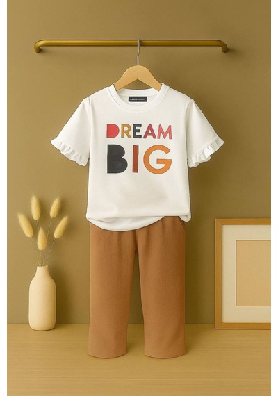 Genel Markalar Luniva Butik Dream Big Baskılı Kız Çocuk Fırfır Kollu Tişört Ve Bol Paça Pantolon 2'li Takım Kahverengi Genel Markalar Luniva Butik Dream Big Baskılı Kız Çocuk Fırfır Kollu Tişört Ve Bol Paça Pantolon 2'li Takım Kahverengi