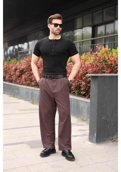 Madmext Siyah Yarım Düğmeli Slim Fit Erkek Tişört E7186