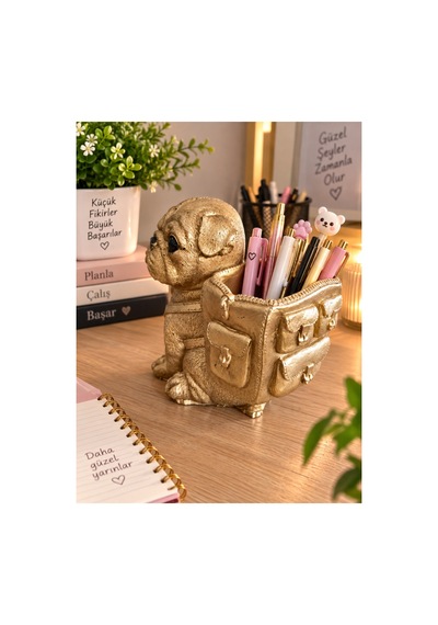 Dekoratif Köpek Figürlü Kalemlik Makyaj Fırçalık Saksı Organizer Polyester 12x15 Cm Altın