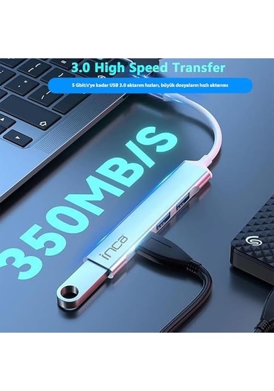 Inca Iusb-04txt Usb-c Hub, 4 Bağlantı Noktalı, 1x Usb 3.0 + 3x Usb 2.0, İnce Alüminyum Kasa
