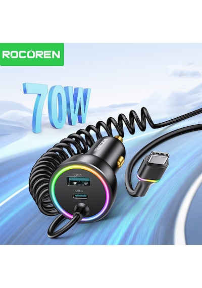 Rocoren 70w 3 Portlu 2 Type-c 1 Usb-a Spiral Kablolu Led Işıklı Araç İçi Hızlı Şarj Cihazı