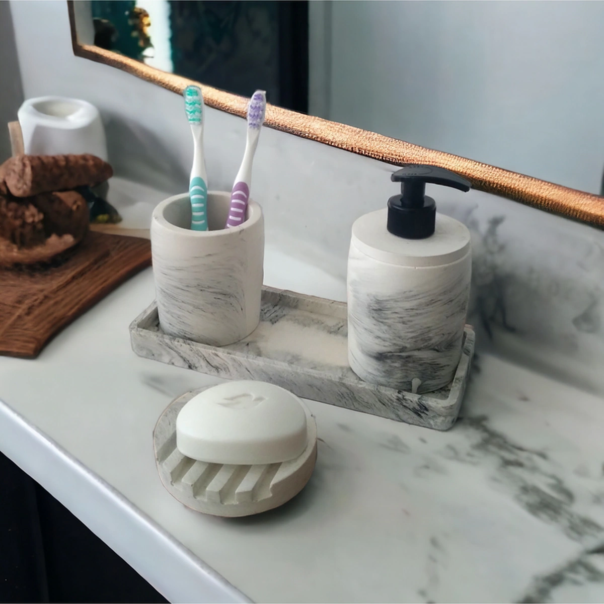 Marble 4'lü Banyo Seti ,sıvı Sabunluk Diş Fırçalığı Beton Aksesuar Takım Gri