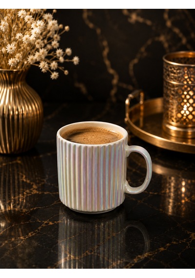 Porselen Gold Gümüş Lüsterli Çizgili Çay Kahve Kupası Bardak Kupa 350ml Açık Beyaz