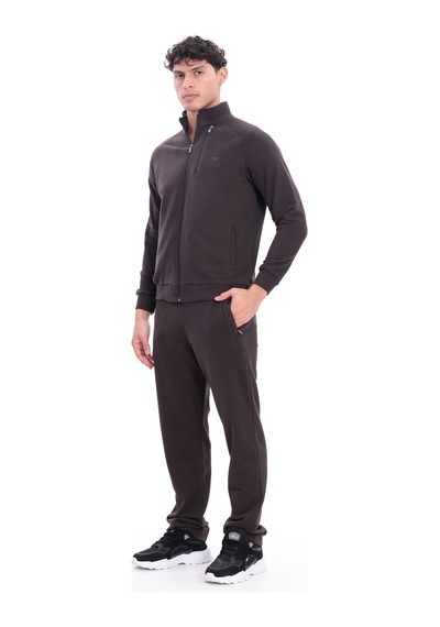 Rowinger 3 İplik Kalın Dokulu Pilot Yaka Velör Şeritli Tam Fermuarlı Erkek Sweatshirt Brown