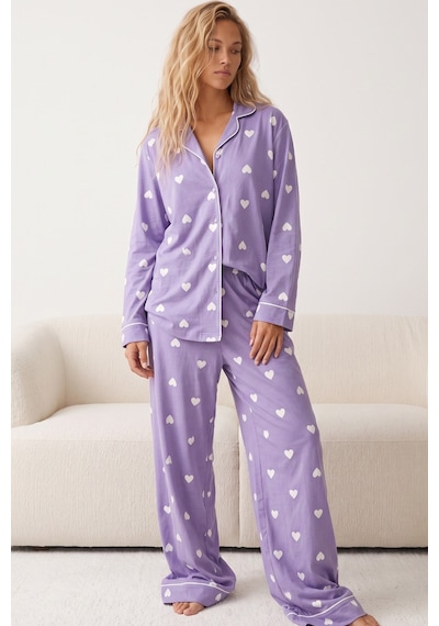 Siyah İnci Düğmeli Biyeli Oversize Pamuklu Örme Pijama Takım 8071 Lila Ekru Siyah İnci Düğmeli Biyeli Oversize Pamuklu Örme Pijama Takım 8071 Lila Ekru