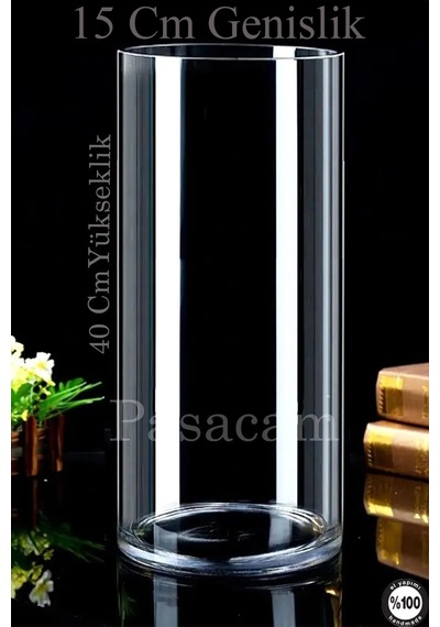 Silindir Cam Vazo Delizli El Imalat 14.9 Cm Genişlik 30 Cm 40 Cm Kalın Taban 2'li Set Beyaz
