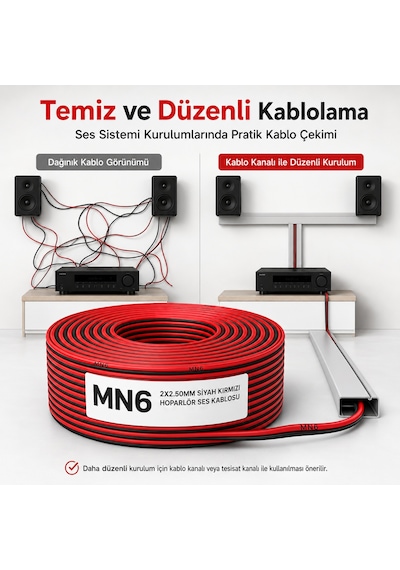 Mn6 Mn250hkf 2x2.50 Mm Hoparlör Kablosu 20 Metre Siyah Kırmızı Kordon Amfi Ve Ses Sistemi Kablosu 20 M