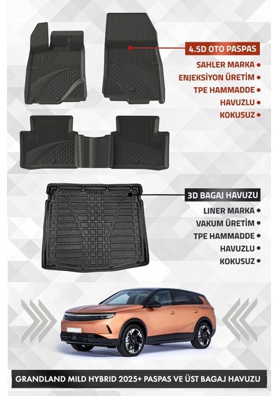 Opel Grandland Mild Hybrid 2025+ Uyumlu 4.5d Sahler Premium Havuzlu Paspas Ve Liner Marka 3d Üst Bag