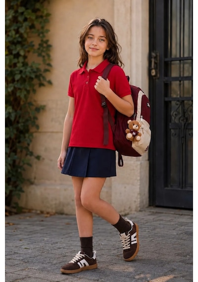 Minigimin Cicileri Polo Yaka Kısa Kol Unisex Çocuk Okul Tşörtü - Kırmızı
