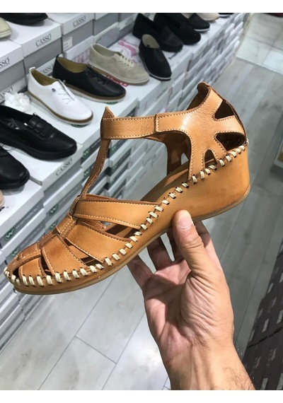 Casso Önü Kapalı Dolgu Deri El Yapımı Sandalet Taba