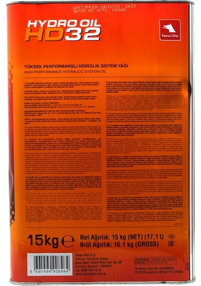 Petrol Ofisi Hydro Oil Hd-32 Hidrolik Sistem Yağı 17 L