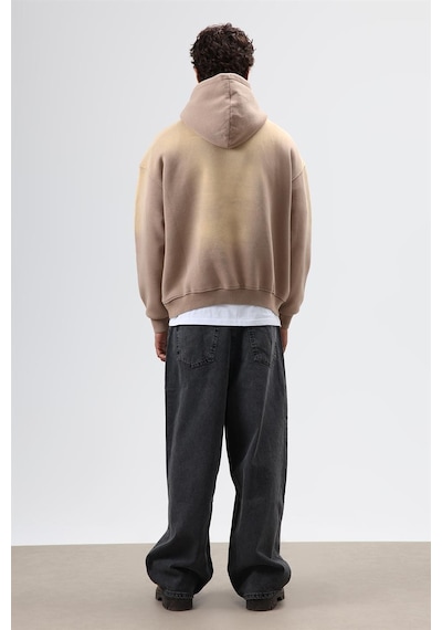 Vamos Oversize Baskılı Yıkamalı Hoodie Vizon