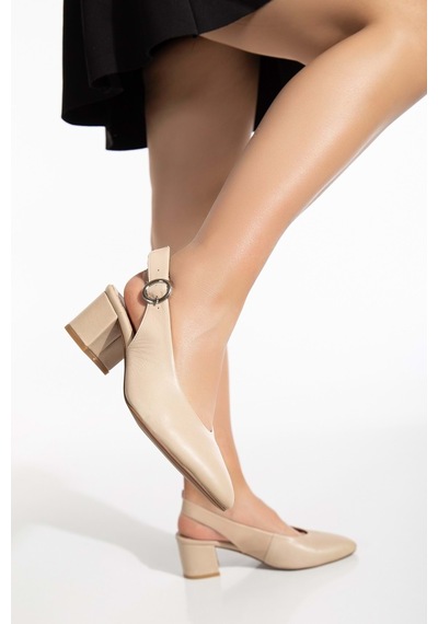 Analin Shoes Kadın Hakiki Deri Bilekten Bağlı Toka Detaylı Topuklu Ayakkabı Bej