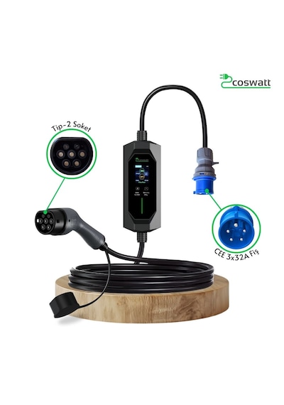 Coswatt Taşınabilir EV Şarj Cihazı CS-P1-32A / 7.4kW / 8m / Türkçe / 220V AC / Tip-2 / 3x32A CEE / Ev Tipi Dönüştürücü / Çanta