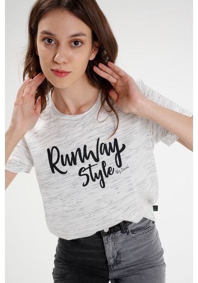 Brz Collection Ekru Renk Siyah Kırçıllı Kadın Kısa Kollu T-Shirt Ekru