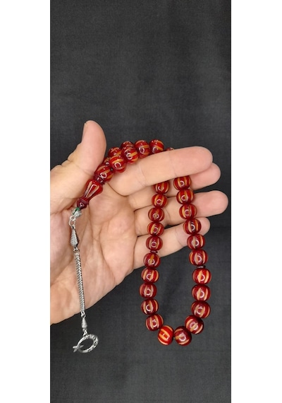 Çubuk Kehribar Tesbih Kalem İşçilikli Küre Kesim Bordo Renk T-395