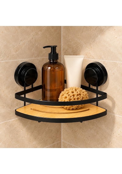 Deconox Metal Bambu Banyo Rafı Tekli Köşe, Üçgen Yapışkanlı Duş Rafı, Delmeden Duvar Tipi Şampuanlık Organizer, 17 X 20 Cm Aahşap