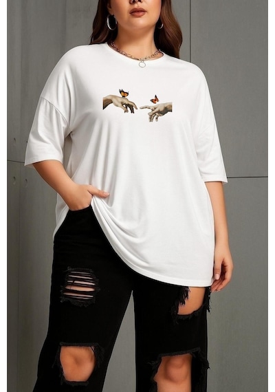 Büyük Beden Özgürlük Baskılı Unisex Tişört Beyaz