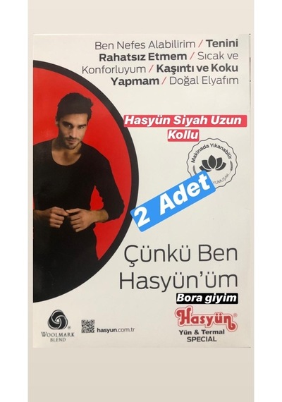 Hasyün Serkek Uzun Kollu Siyah Fanila Yün Içlik 2 Adet