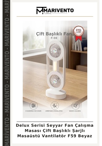 Delux Serisi Seyyar Fan Çalışma Masası Çift Başlıklı Şarjlı Masaüstü Vantilatör F59 Beyaz
