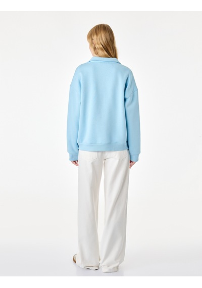 Koton Şardonlu Yarım Fermuarlı Dik Yaka Uzun Kollu Baskılı Sweatshirt Mavi 7wal10202ık