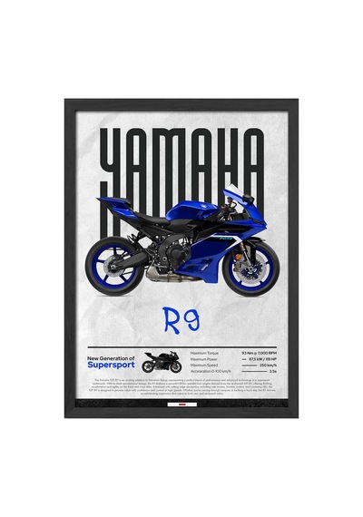 Yamaha R9 Siyah Ahşap Çerçeveli Poster, Dekoratif Motosiklet Duvar Tablosu