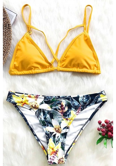 Angelsin Baskılı Üstü Sarı Bikini Takım