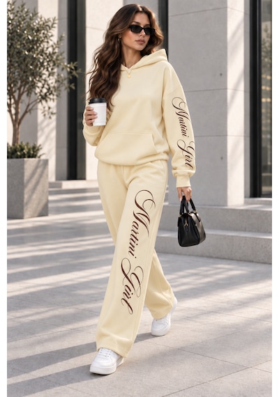 Macklin Unisex Kadın Erkek Martini Girl Kol Paça Baskılı Oversize 3 İplik Kapüşonlu Sweatshirt Ve Baggy Eşofman Altı Bej
