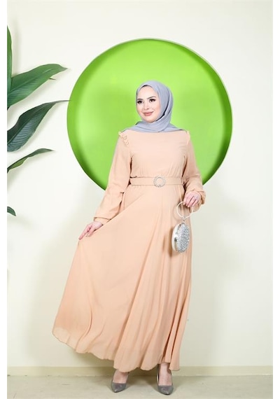 Neşeli Butik Kadın Bej Tül Kumaş Kemer Detaylı Büyük Beden Tesettür Elbise Nbft006 Bej