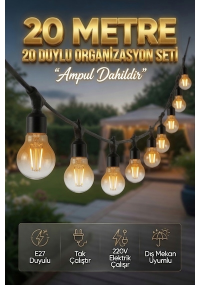 20 Metre 20 Duy Organizasyon Seti A60 4w E27 Rustik Ampul Dahil 220v Dış Mekan Bahçe Teras Festoon Işık Zinciri Siyah