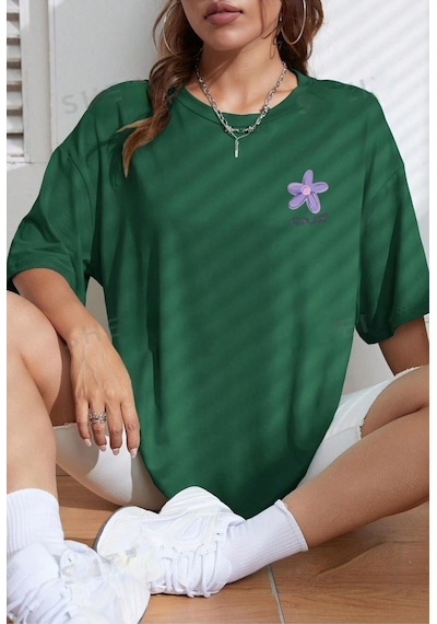 Flood Of Style Kadın Nefti Yeşili Flower Baskılı Oversize Yeşil