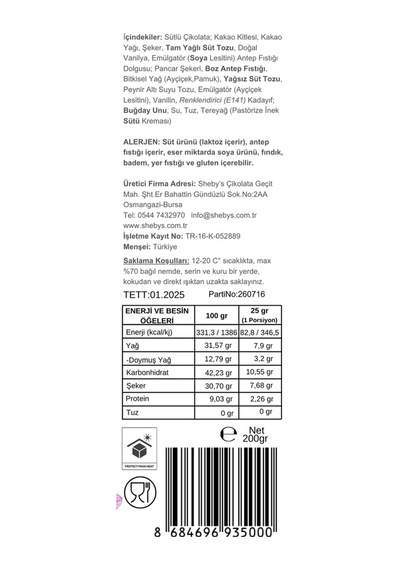 Çıtır Kadayıflı Antep Fıstığı Dolgulu Sütlü Tablet Çikolata 200gr Dubai Çikolatası