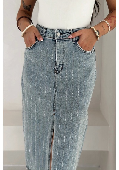 Asprin Fashion Paralel Taşlı Yırtmaçlı Denim Etek Mavi Mavi