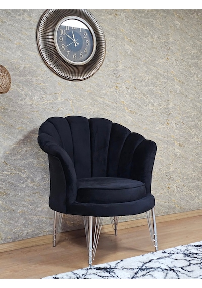 Zafir Tekli İstiridye Krom Kaplama Telli Ayak Çay Seti Koltuk Tekli Berjer , Balkon, Salon, Ofis Siyah