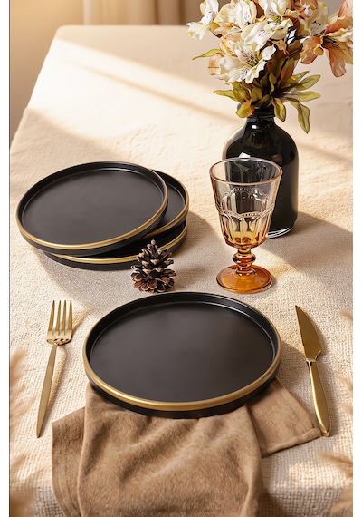 Keramika Mat Siyah Gold Fileli Stackable Pasta Tabağı 21 Cm 4 Adet