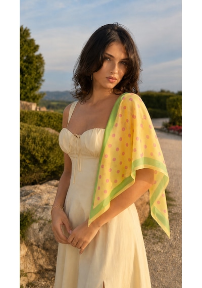 Tarzını Seç Premium Bordürlü Puantiye Üçgen Fular Sarı Mint 46x127cm