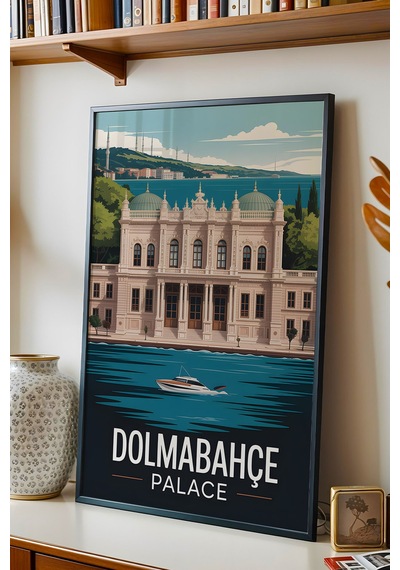 İstanbul Dolmabahçe Sarayı Tablo - Retro Travel Poster - Şehir Duvar Dekoru - Çerçeveli Poster Siyah