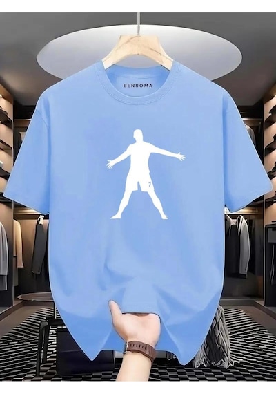 Eller Yanda Beyaz Baskılı Oversize Tişört Bebe Mavisi