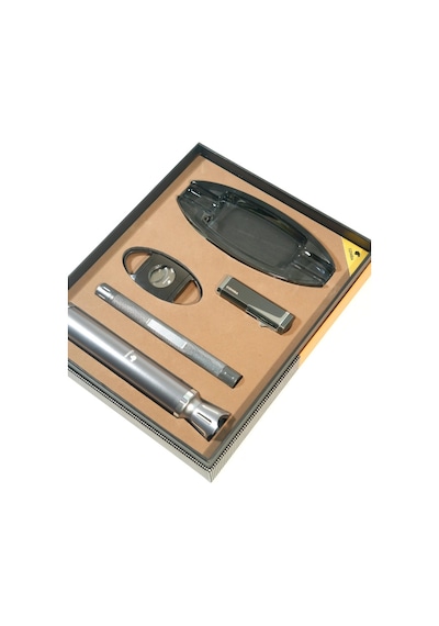 Cohiba 3 Torch Çakmak Tüp Delici Küllük Kesici Gümüş-siyah Beşli Puro Seti Tr9862