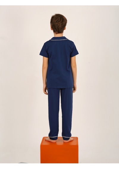 Vitmo Erkek Çocuk Kısa Kollu Düğmeli %100 Pamuklu Pijama Takımı The King Lacivert