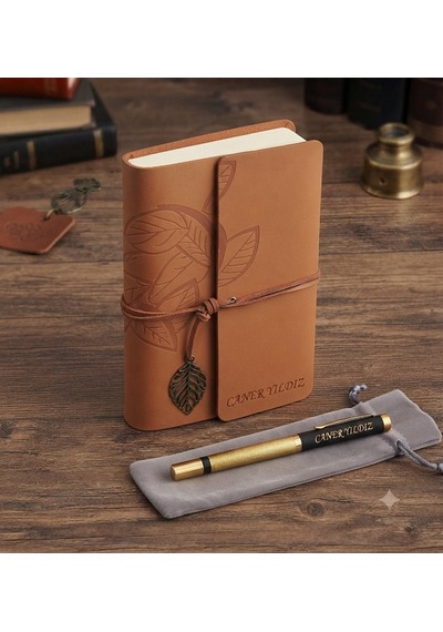 Vintage Tasarım Deri Defter Ve Özel İsim Yazılı Metal Kalem Seti