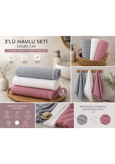 3'lü Pamuklu El Yüz Havlusu Seti 50x90 Cm Yumuşak Dokulu Yüksek Emici Günlük Kullanım Havlu Gri