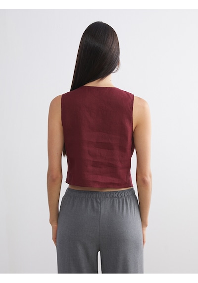 Lcw Vision Bordo V Yaka %100 Keten Kadın Klasik Yelek