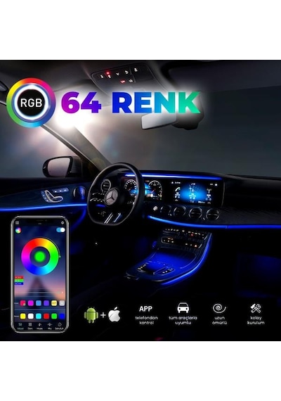 Araç İçi Ambiyans Aydınlatma Sistemi 64 Renk Rgb Led Bluetooth Destekli - Müzik Ve Ses Duyarlı 9"