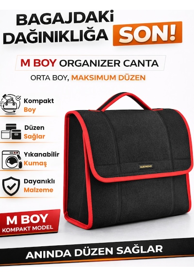 Oto Bagaj Organizer Bagaj Çantası M Boy Kaymaz Cırt Bantlı Velur Kompakt - Siyah Kırmızı