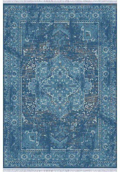 Mavi Vintage Dokuma Pamuk Tabanlı Kaymaz Kilim Klm235n11